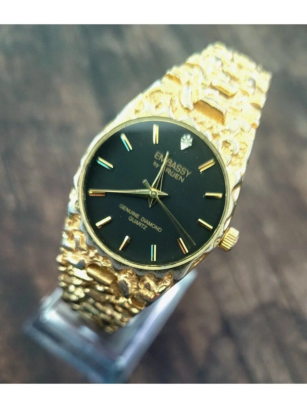 80s Vintage Retro Mens Gruen Real Diamond Gold Nugget Watch
